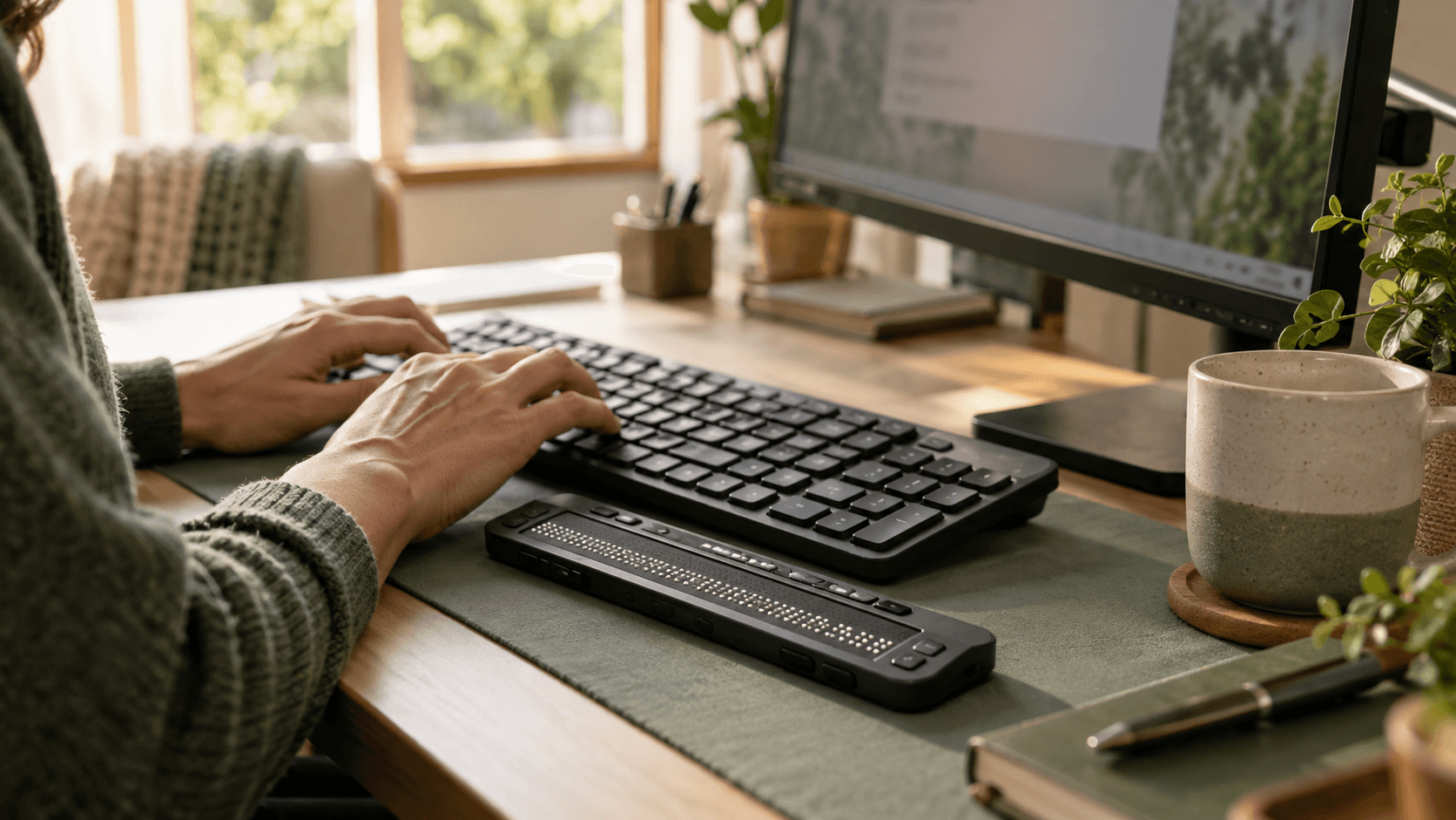 Hände bedienen eine Tastatur an einem Arbeitsplatz mit einer Braillezeile.