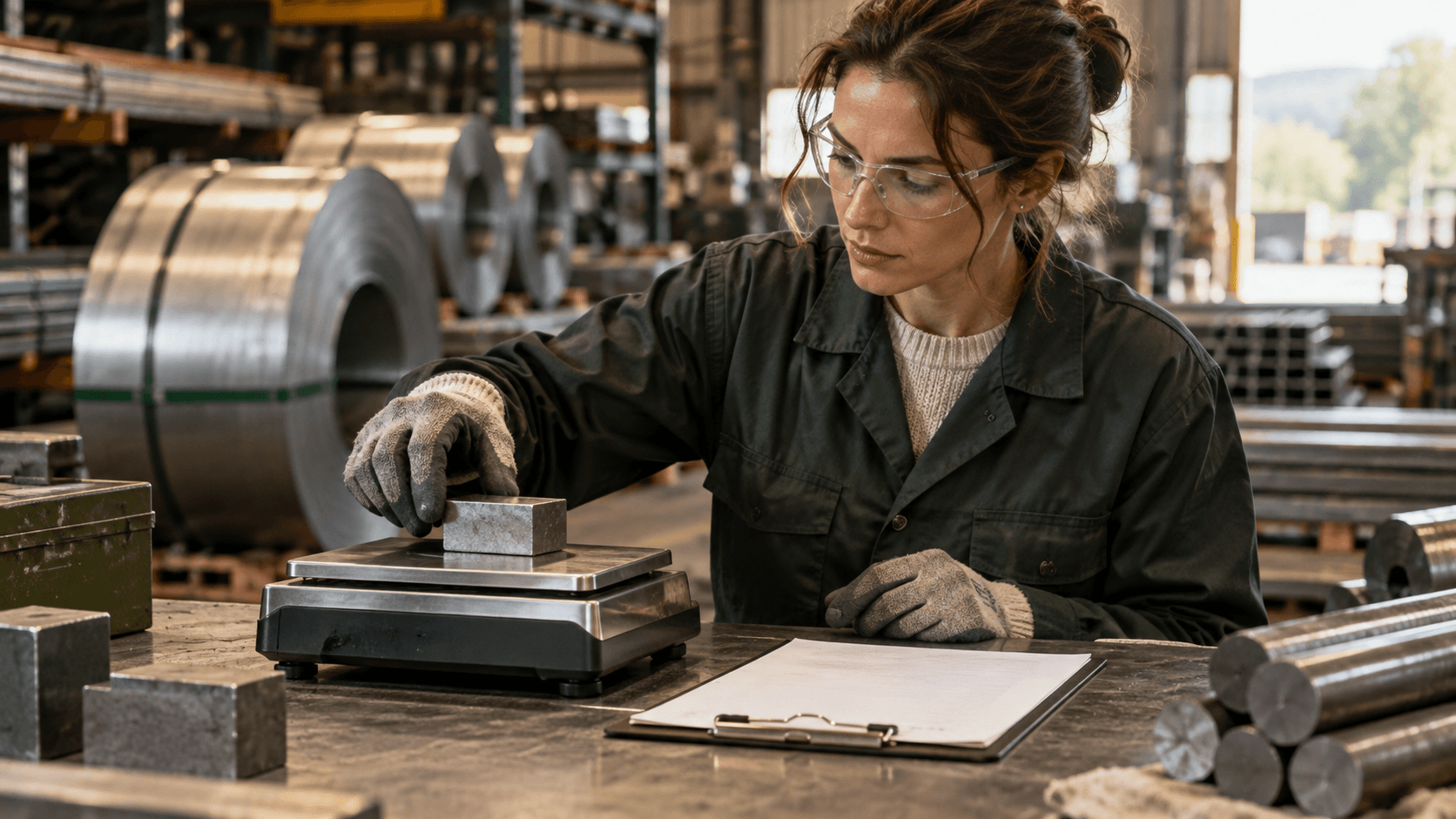Eine Metallprobe wird auf einer Werkbank gewogen; daneben liegt ein Klemmbrett.