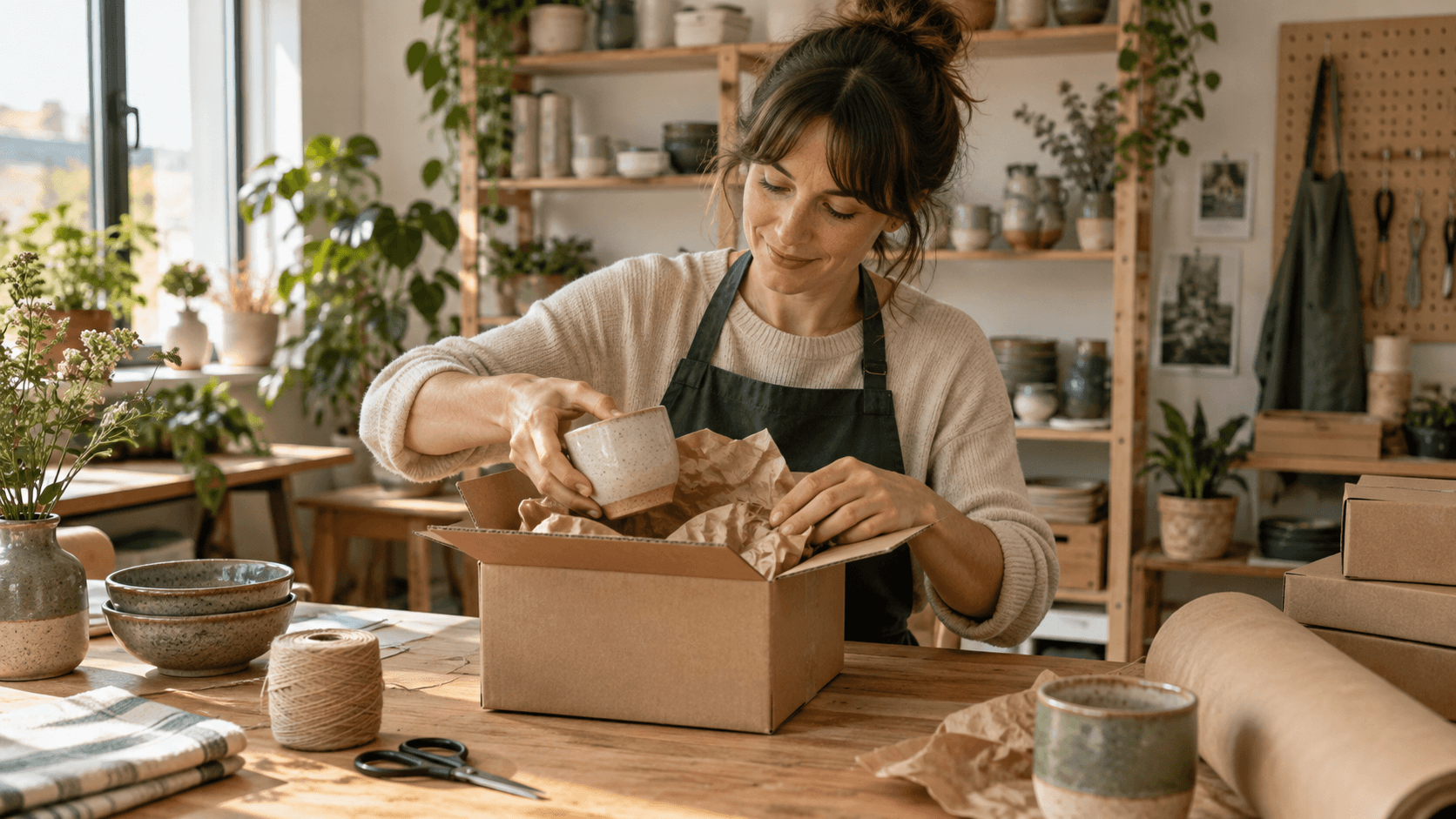A woman packs a ceramic mug into a cardboard box with wrapping paper.