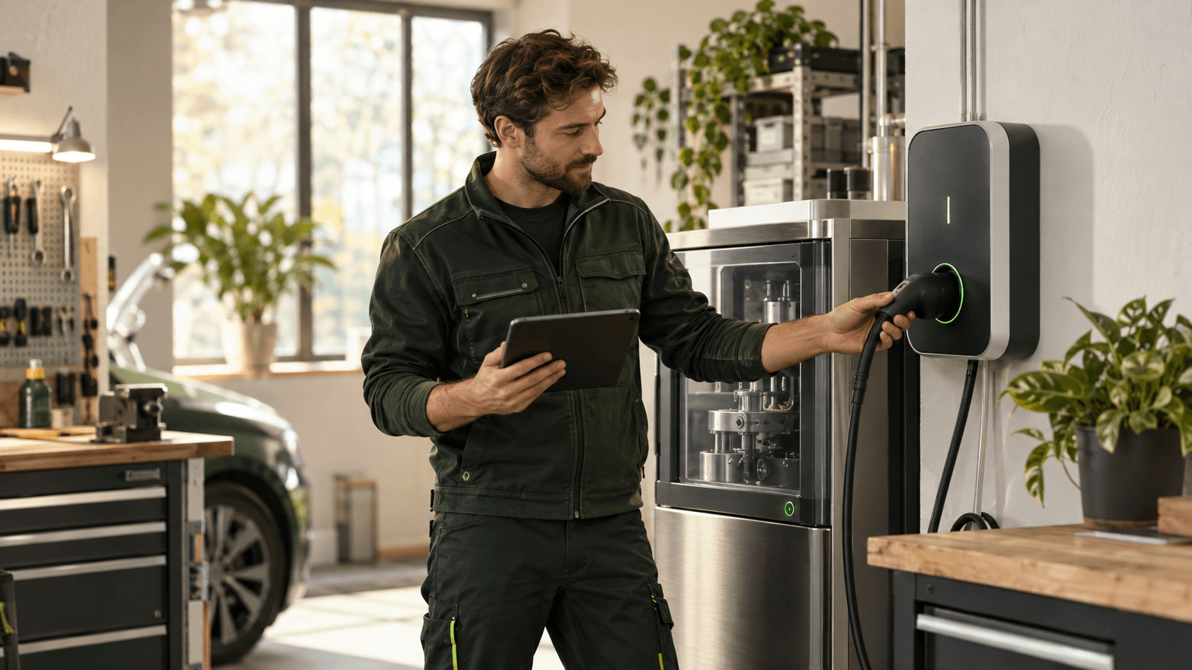Ein Techniker prüft eine Ladestation in einer hellen Werkstatt.