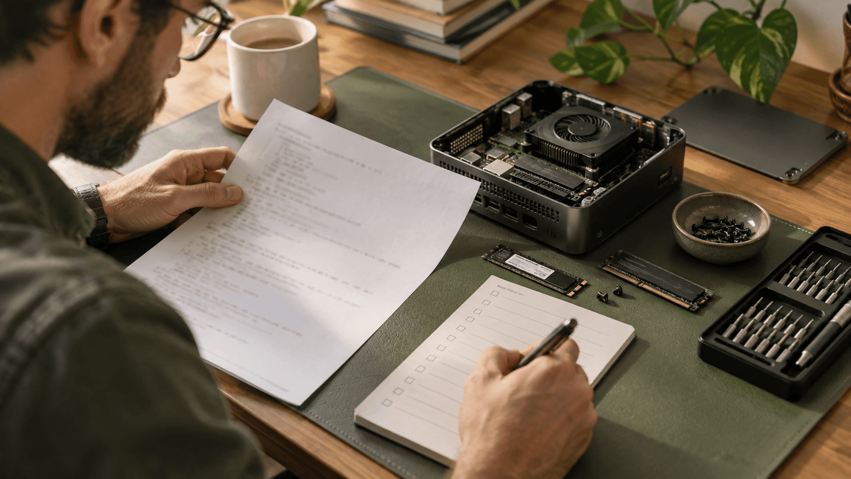 Neben Computerbauteilen werden ausgedruckte Unterlagen und eine Checkliste geprüft.