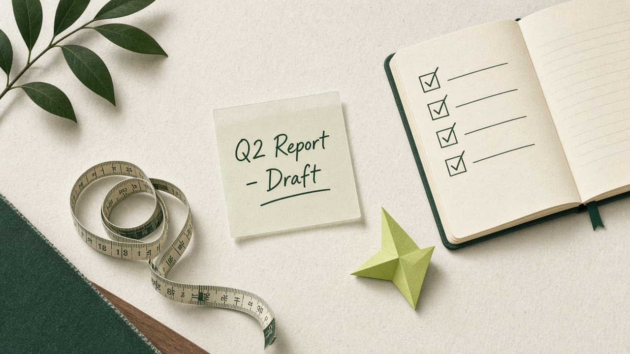 Desk with a named task on a sticky note, measuring tape, and checklist — AI needs a clear job first.
