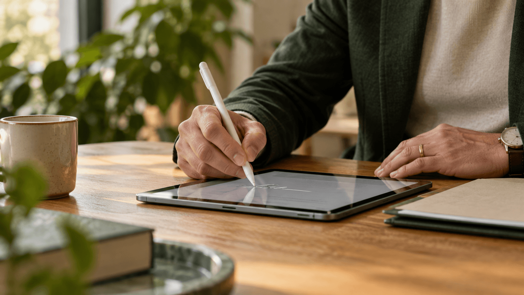 Eine Hand führt einen Eingabestift über ein Tablet auf einem Besprechungstisch.
