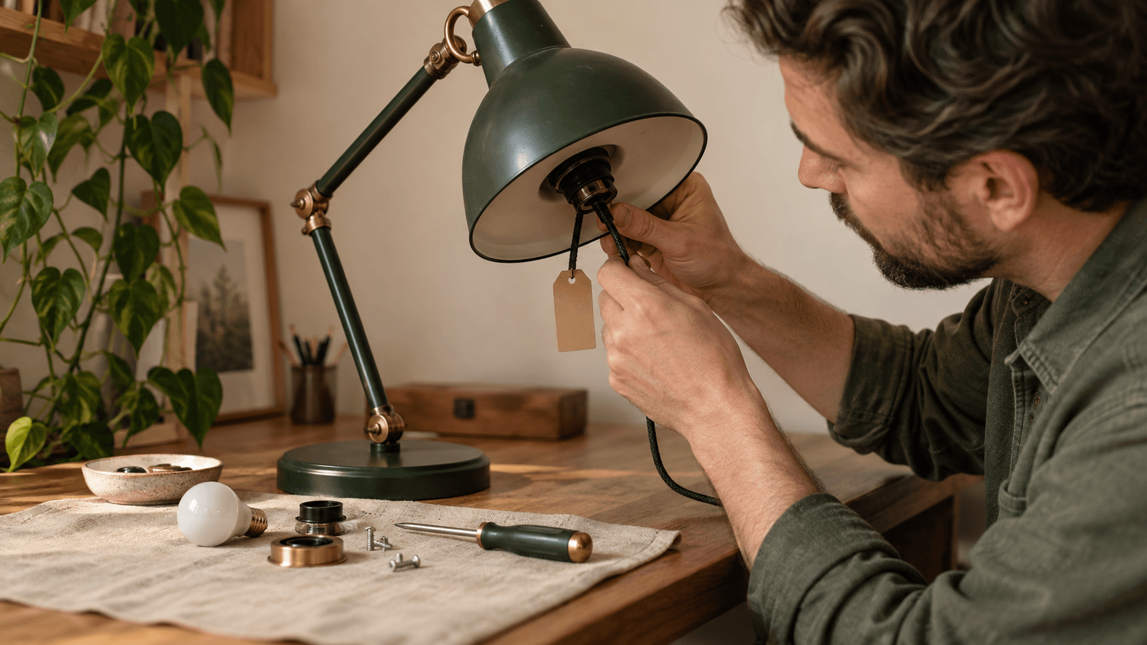 Eine zerlegbare Schreibtischlampe wird mit Ersatzteilen und Werkzeug auf einer Werkbank geprüft.
