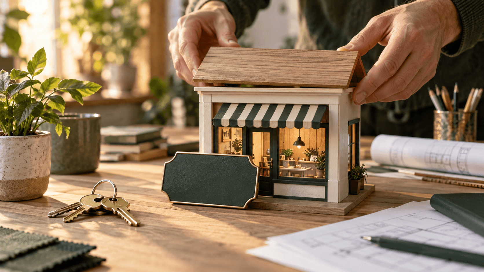 Hands assemble a wooden model storefront beside keys and a blank green sign.