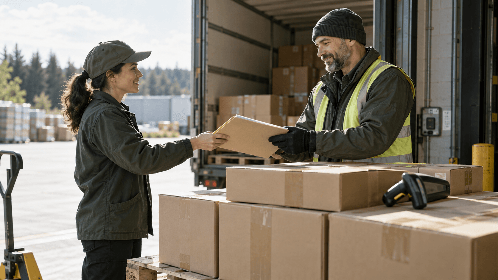Zwei Personen übergeben am Warenausgang Unterlagen neben verpackten Waren.