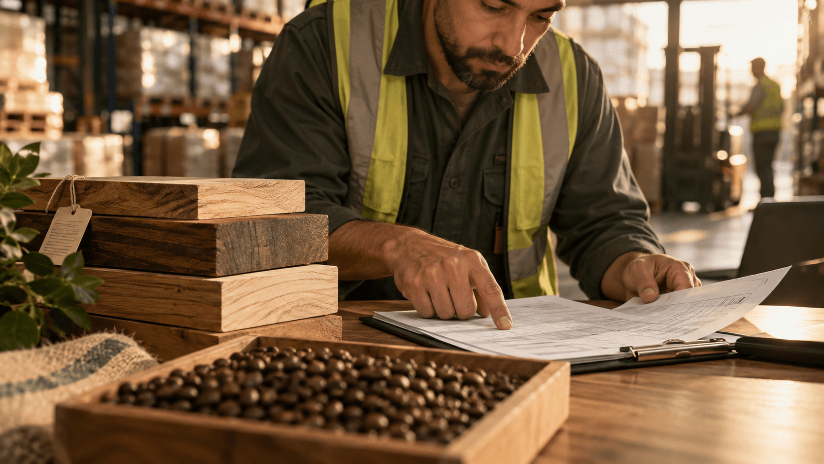 An einem Wareneingangstisch werden Unterlagen neben Holzmustern und Kaffeebohnen geprüft.