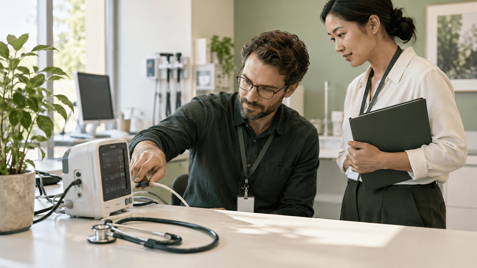 In einem hellen Klinikarbeitsraum wird die Verbindung eines medizinischen Geräts geprüft.