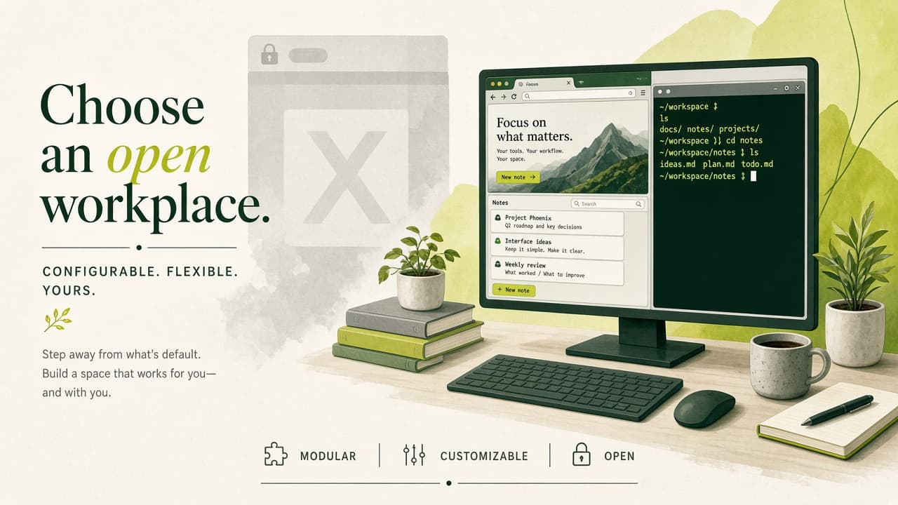 Open Linux workplace with browser and terminal on the monitor — chosen deliberately, not by default.
