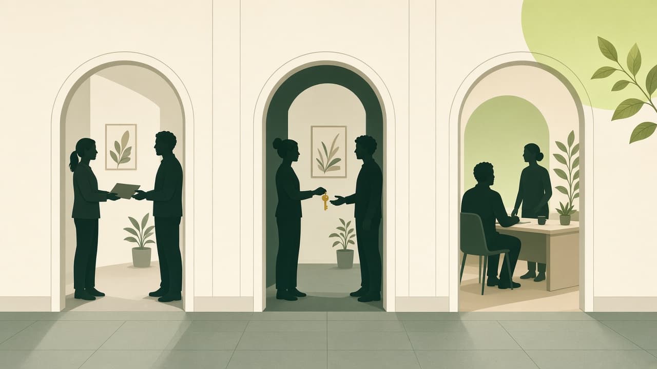 Three doorways: handing over papers, handing over a key, then meeting at a desk — transitions in people work.