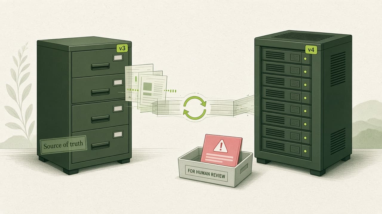 Filing cabinet and server with revisions, sync in between, and an error ticket for human review.