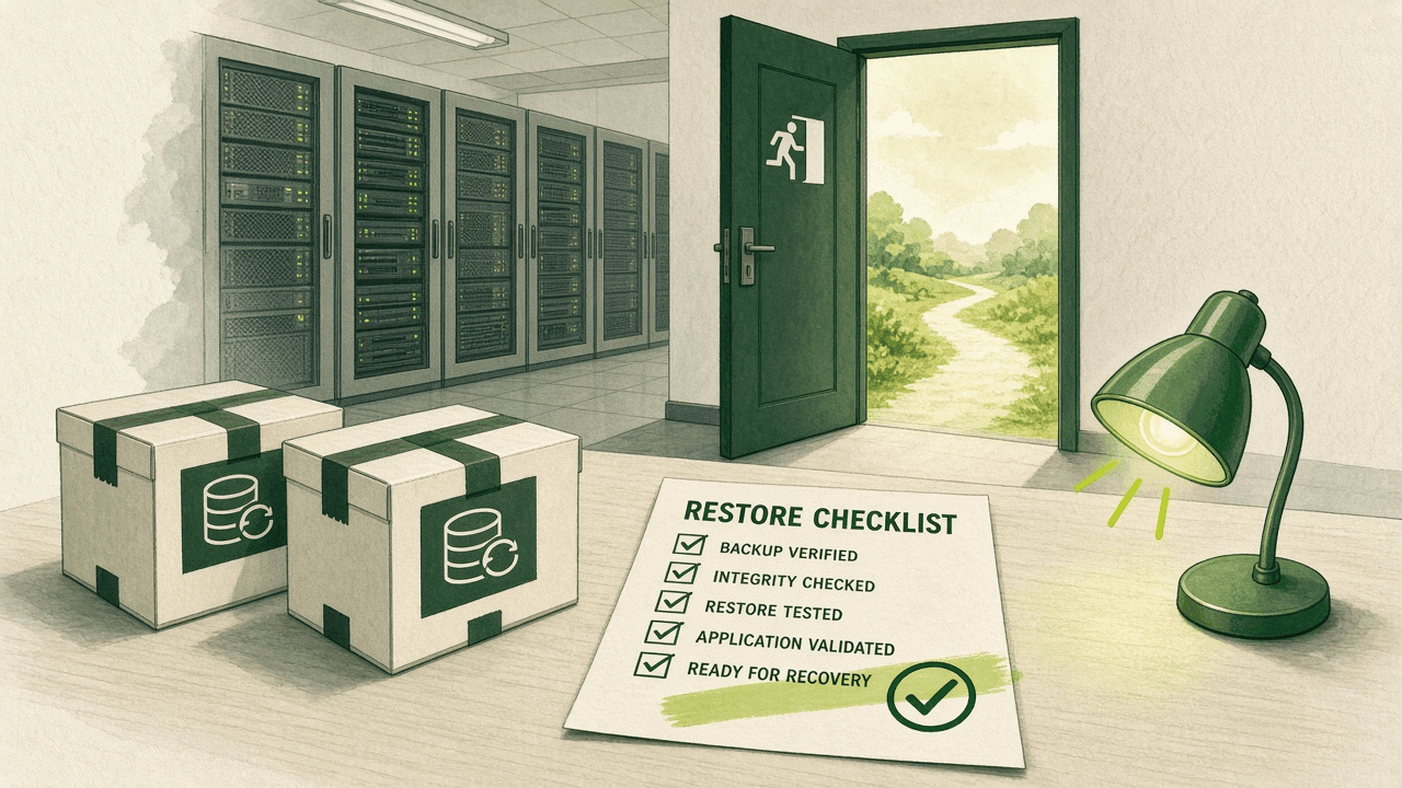 Calm operations: server rack, monitoring curve, backup boxes, and a completed restore checklist.