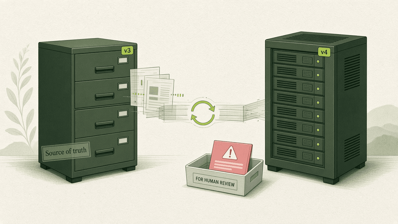 Two systems exchanging data; in the middle a review tray with open cases for human judgment.