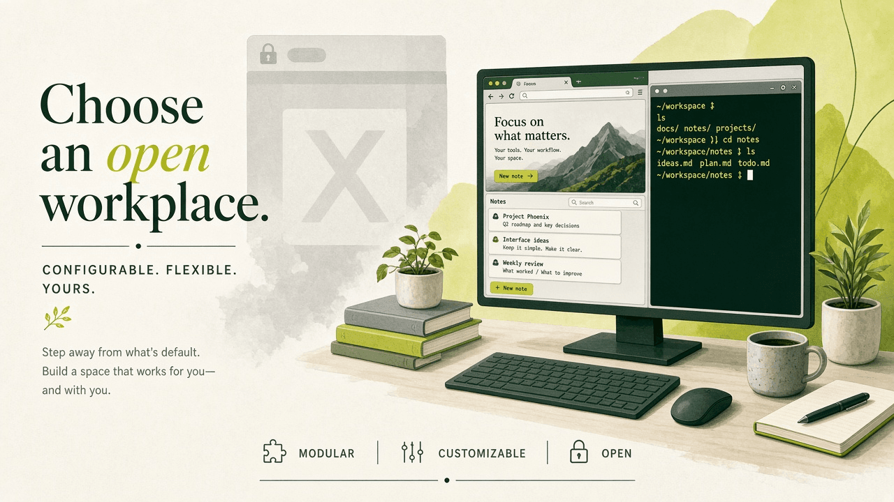 Configurable Linux workplace with tiled windows — no operating-system logos.