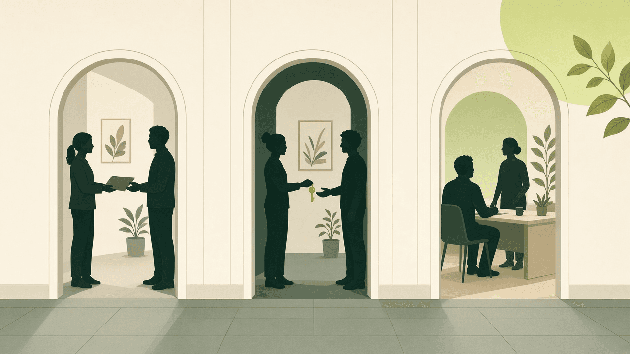 Three doorways with hand-offs: papers, a key, a desk conversation — transitions in people work.